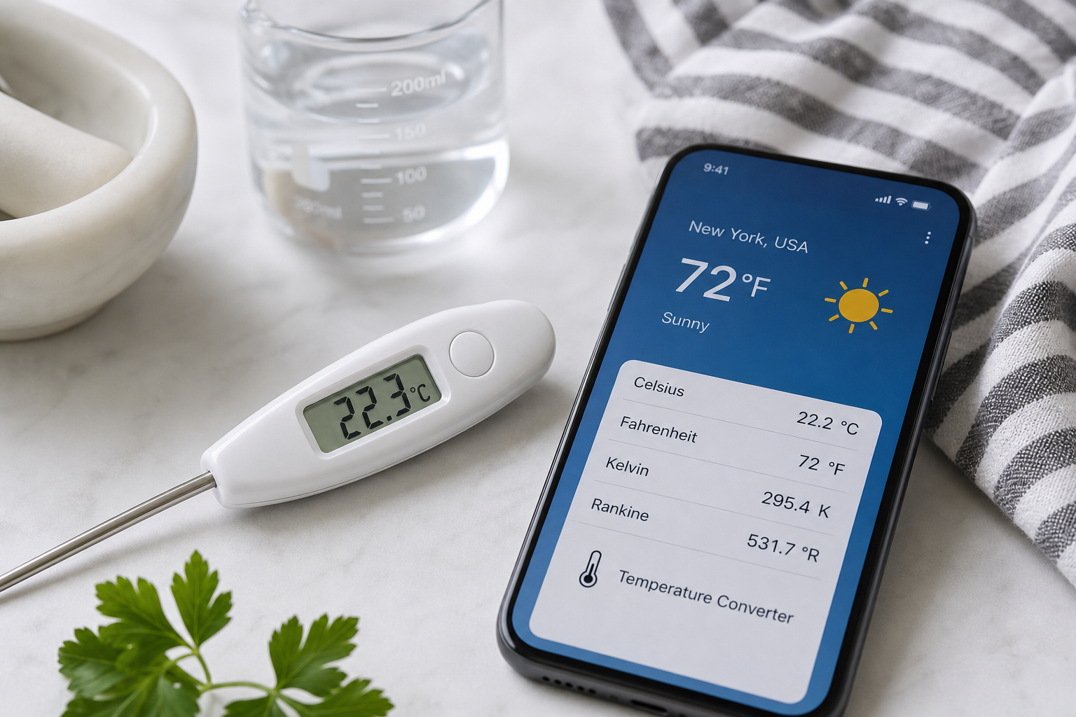 Thermometer graphic showing equivalent Celsius, Fahrenheit, and Kelvin values