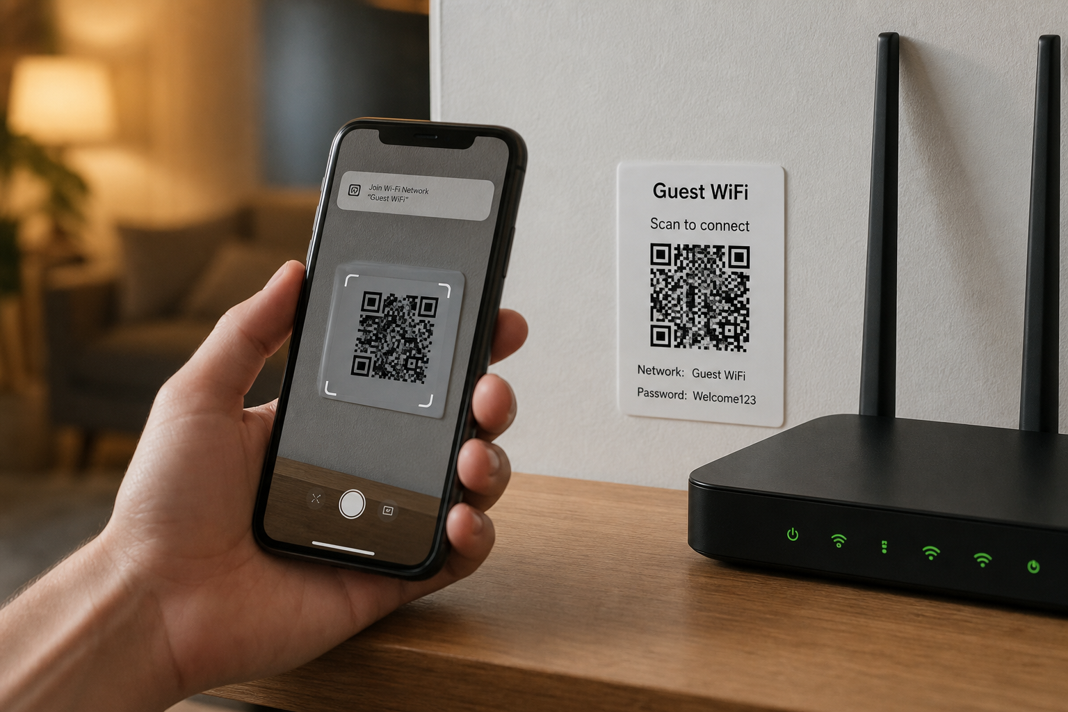 Smartphone scanning a printed guest Wi-Fi QR code poster in a lobby