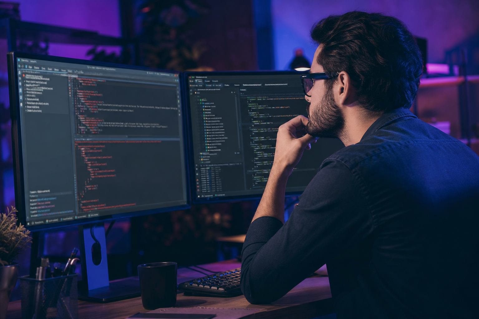 Developer debugging an API error payload with a JSON formatter highlighting nested fields