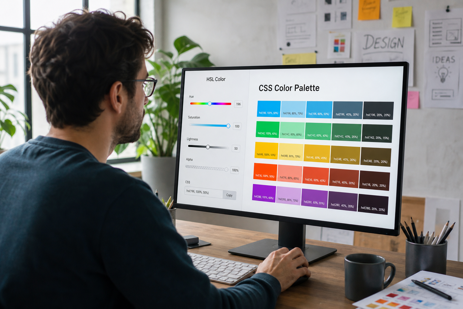 CSS gradient preview with HSL color stops and matching hex conversions