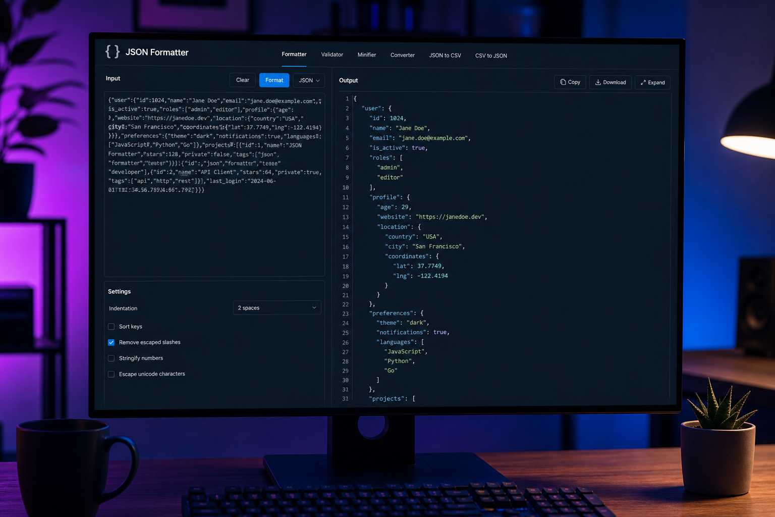 Formatted JSON document with syntax highlighting and indentation