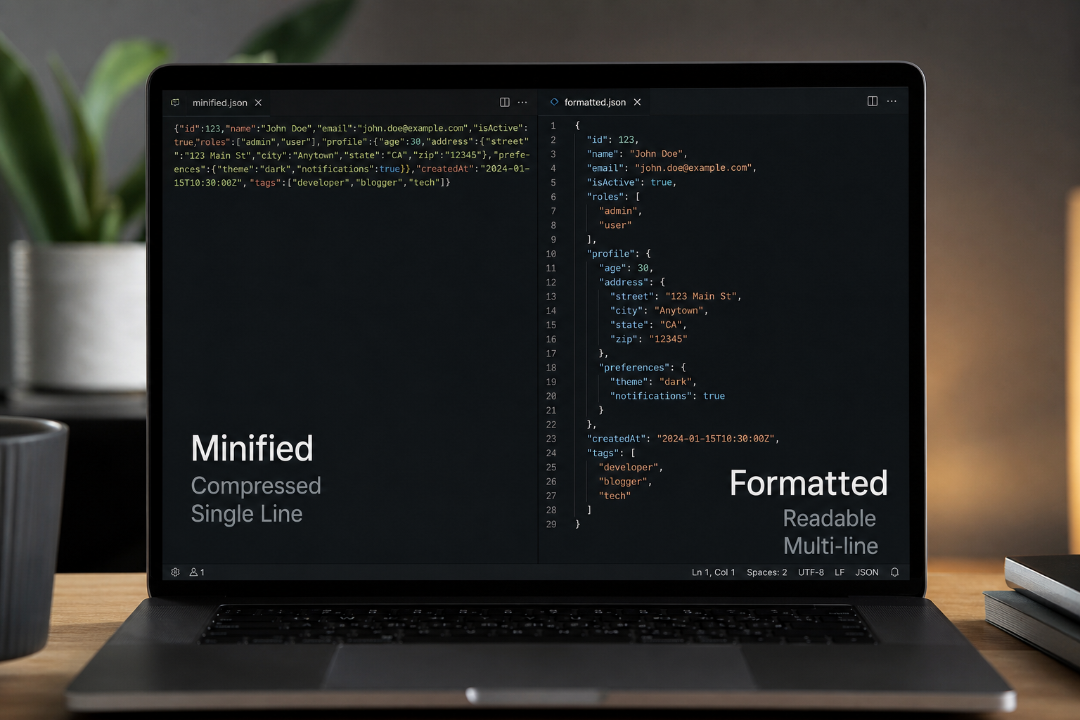 Comparison of pretty-printed versus minified JSON payload byte sizes