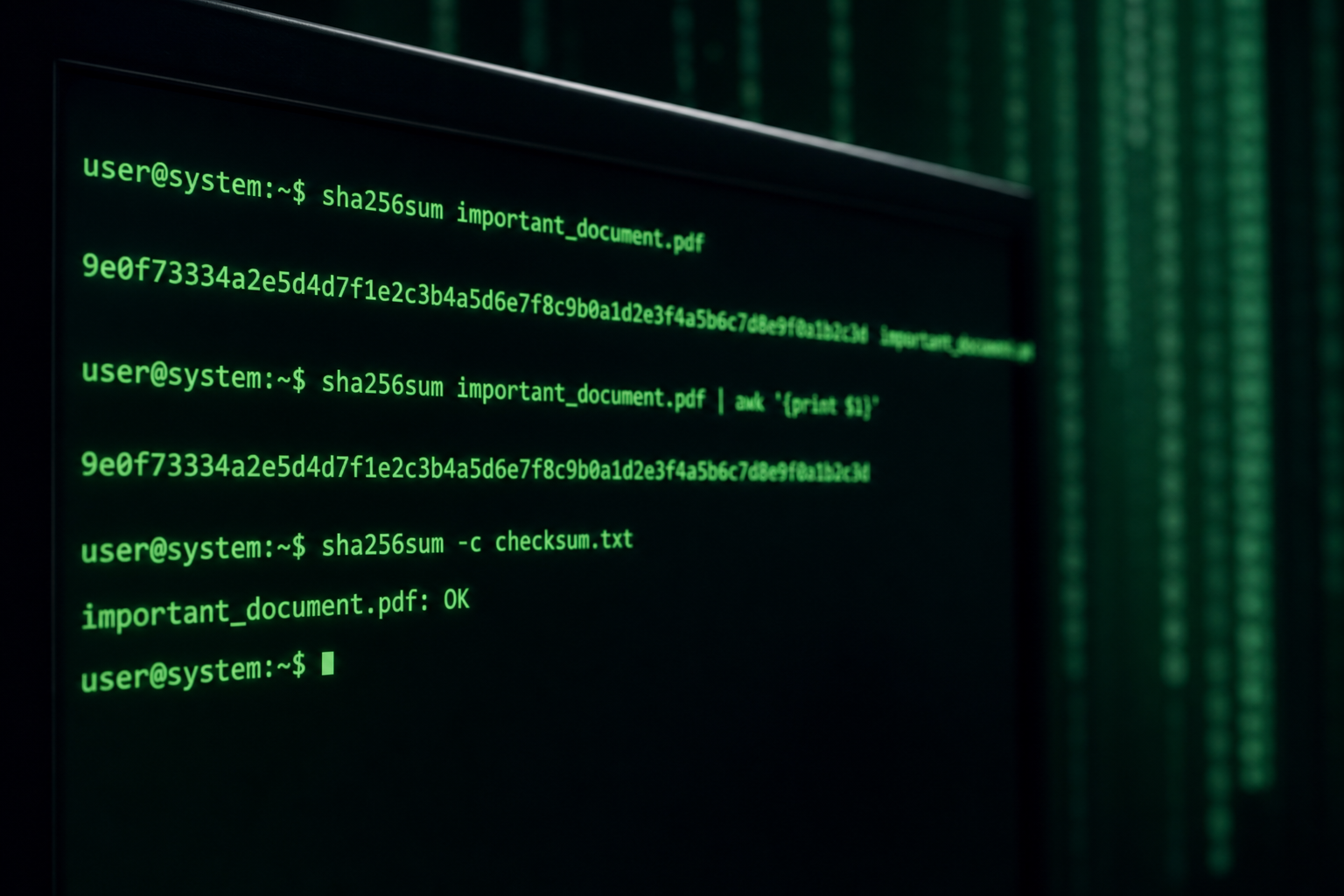 Developer verifying a downloaded file checksum against a published SHA-256 digest