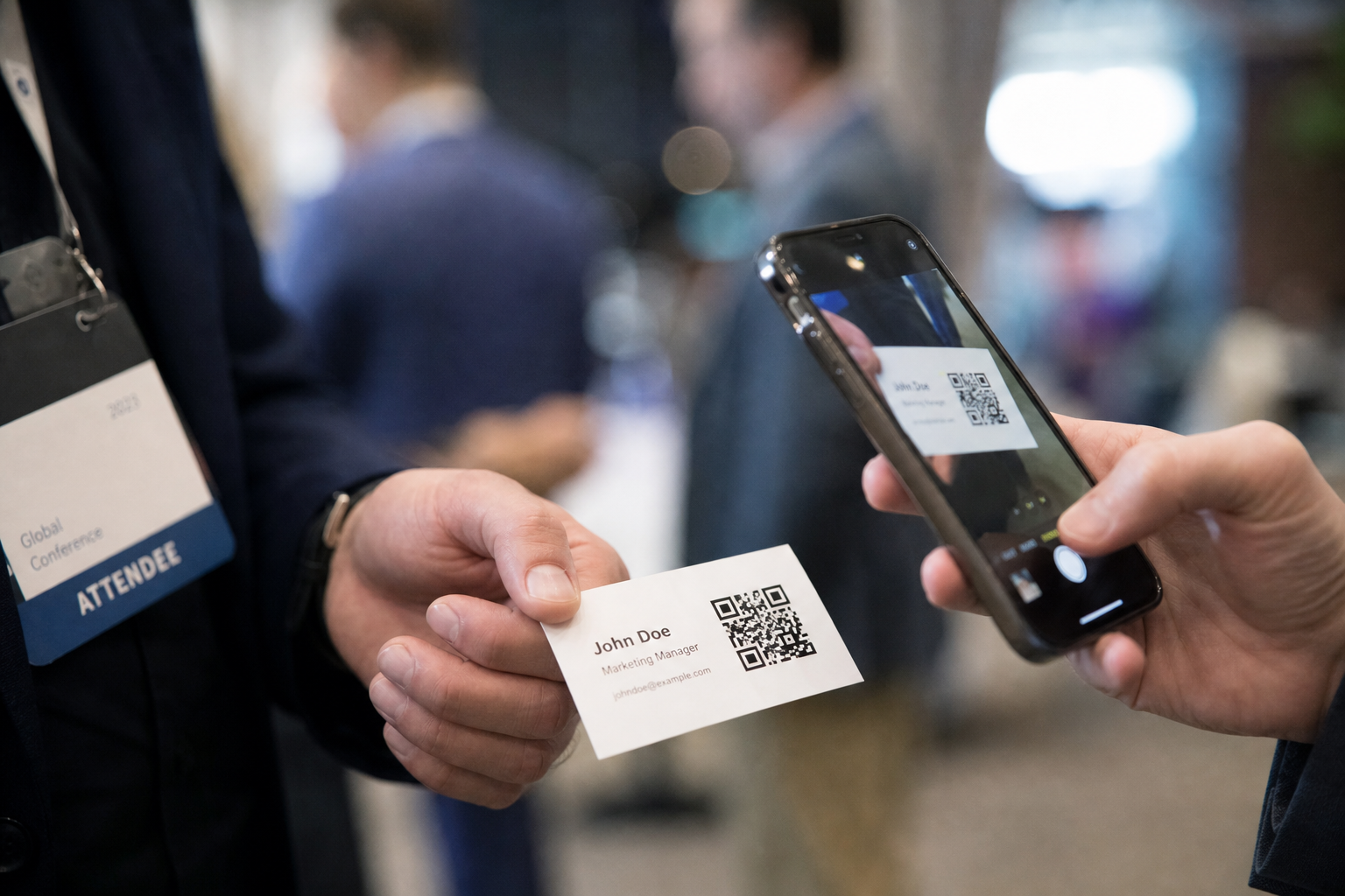 Business card with a QR code linking to a professional profile on a smartphone