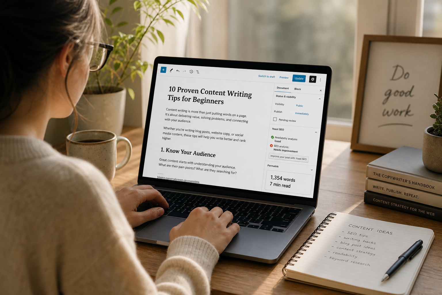 Content editor reviewing word count and estimated reading time for an article draft