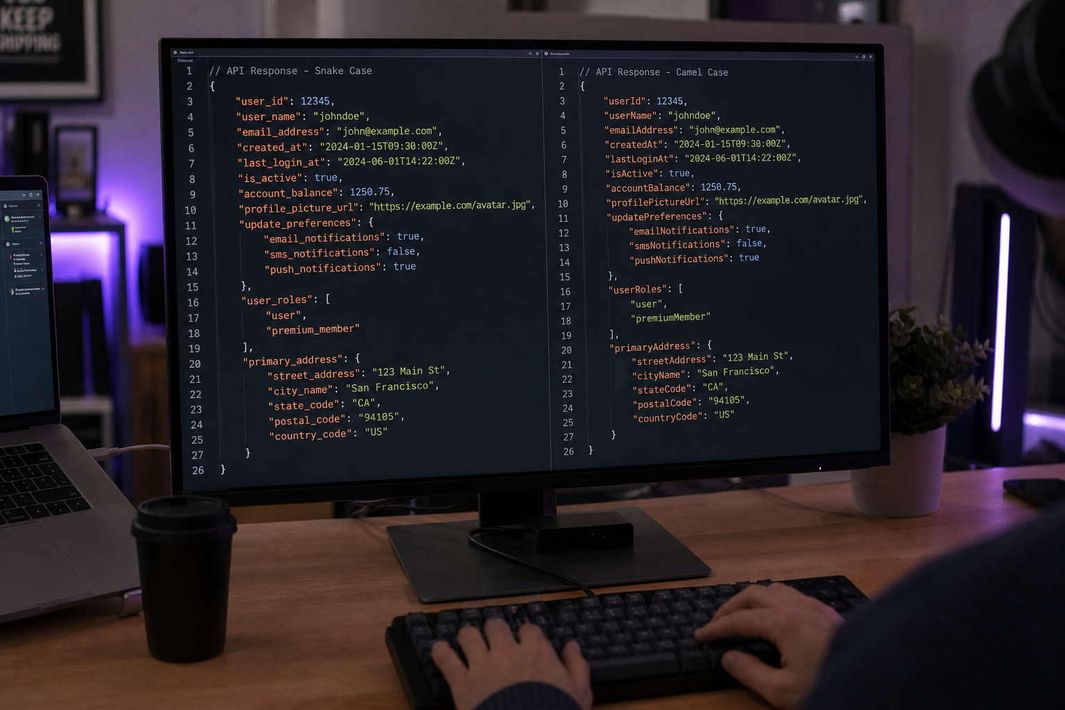 JSON examples comparing snake_case and camelCase API field naming conventions