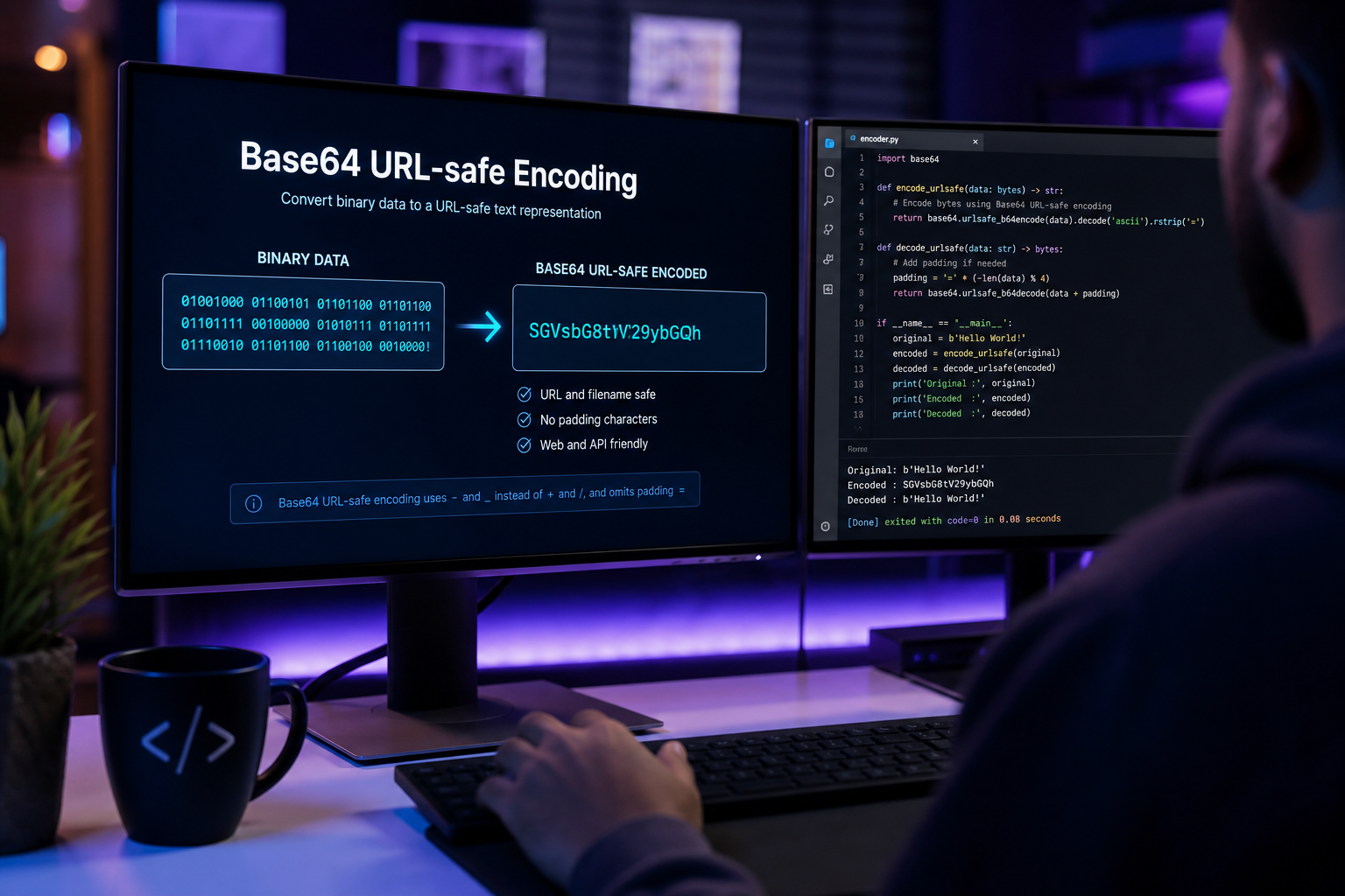 Diagram comparing standard Base64 plus/slash alphabet with URL-safe hyphen/underscore variant