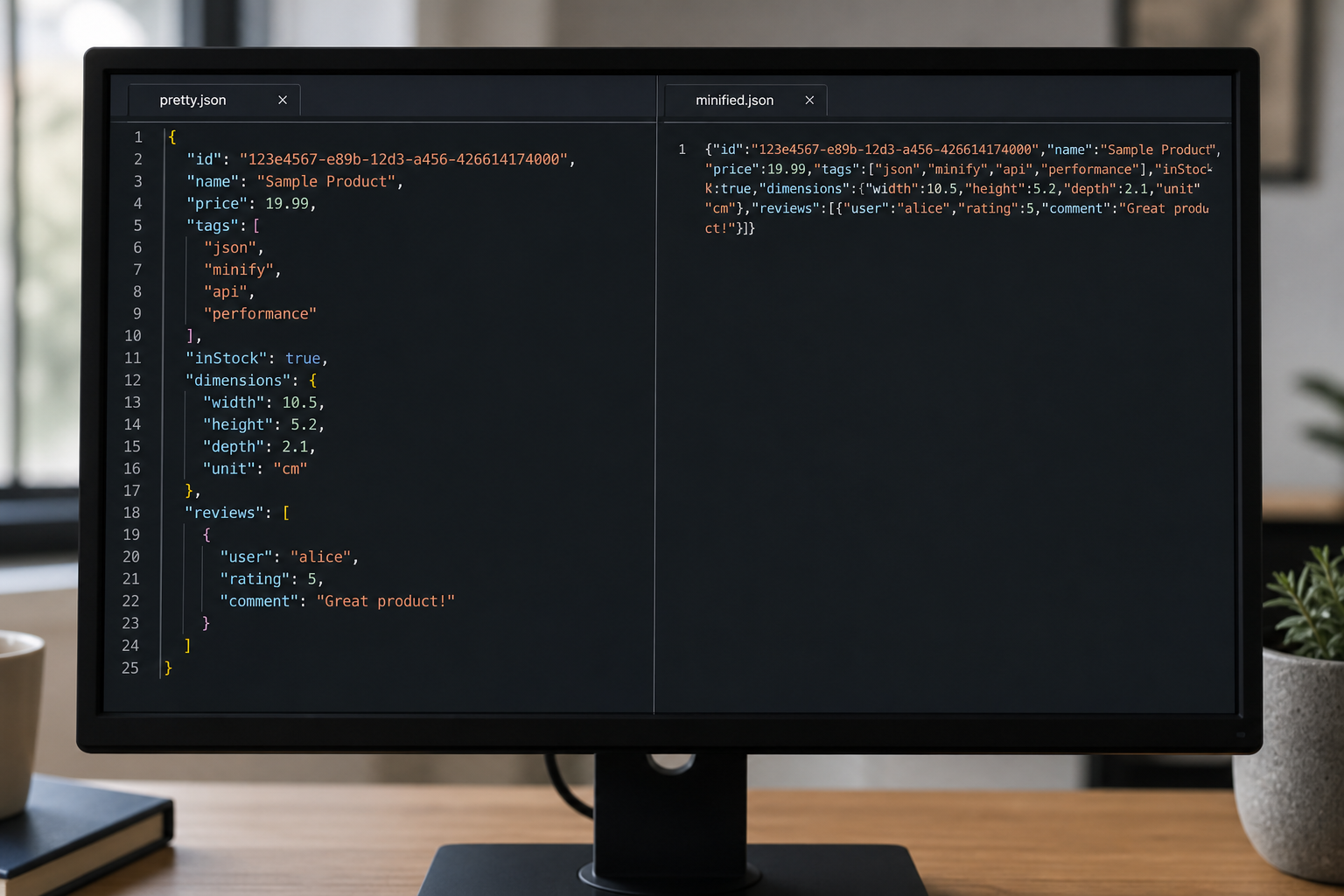 Side-by-side view of pretty-printed JSON and minified JSON for the same object